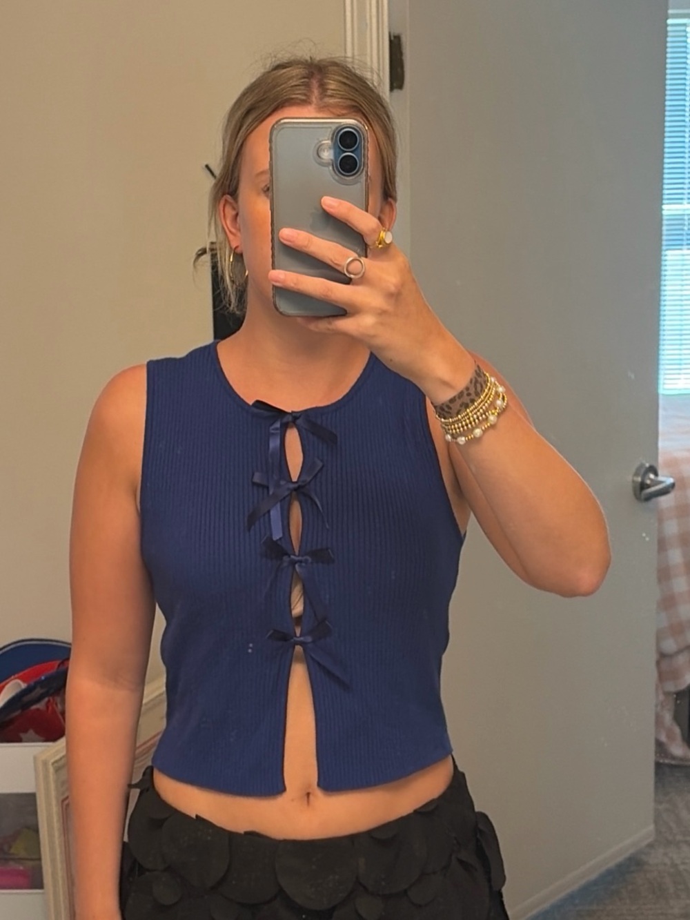 Le Lis Navy Ribbed Tie-Front Crop Tank